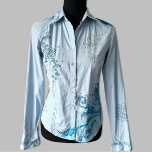 Indigo Palms Paisley Embroidered  Novelty Bohemian Button Down Shirt